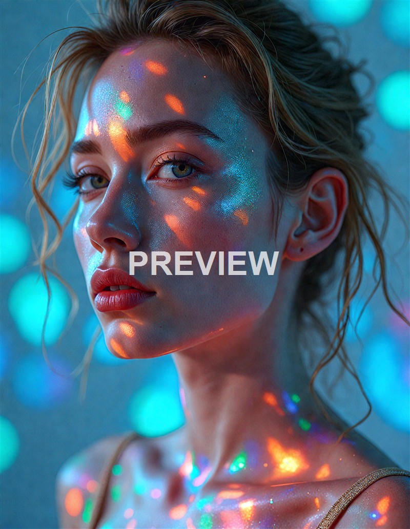 A close-up portrait of a woman with light skin, blonde curly hair, and striking blue eyes, illuminated by colorful, iridescent light reflections on her face and shoulders, creating a surreal and luminous effect.